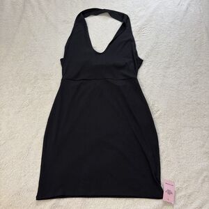 NWT Pretty Little Thing Ribbed Halter Tie Back Womens 14 Black Dress Cute Chic